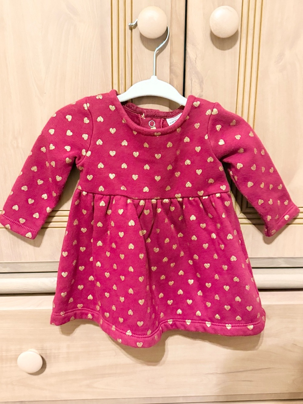 Pink Long-Sleeve Baby Dress with Gold Hearts